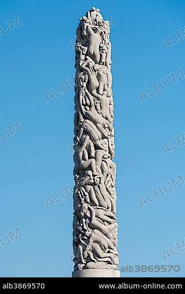 Granite human monolith by Gustav Vigeland, Vigeland Sculpture Park, Frognerparken, Frogner, Oslo, Norway, Europe.