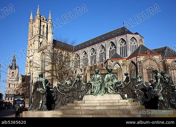 Hubert and Jan van Eyck monument, Sint Baafskathedraal or Saint Bavo Cathedral, in the back left the Belfry, old town, Ghent, East Flanders, Belgium, Europe.