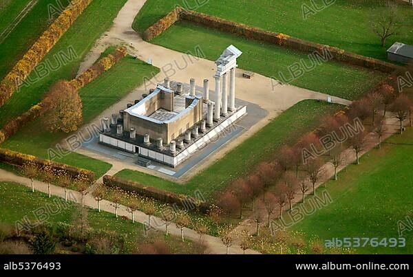 Aerial view, archaeological park, Colonia Ulpia Traiana, Roman museum, Xanten, Niederrhein region, North Rhine-Westphalia, Germany, Europe.