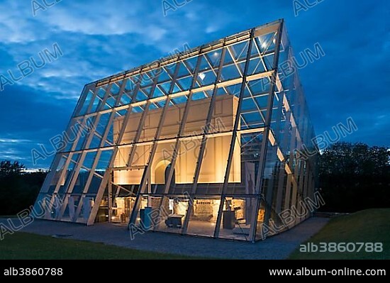 Limestor Dalkingen, protected by a glass building, World Heritage Site, at dusk, Rainau, Baden-Württemberg, Germany, Europe.