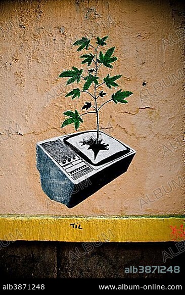 Graffiti of a tree growing out of a broken TV set, in Malasaña, Malasana district, Madrid, Spain, Europe.