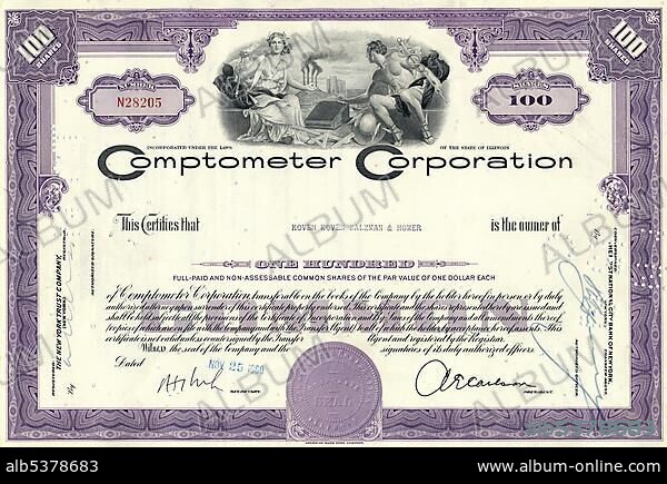 Historical stock certificate, design showing the Greek gods Olympia and Hermes sitting with a mechanical adding machine in front of a factory with smoking chimneys, Comptometers Corporation, Illinois, USA, 1960, North America.