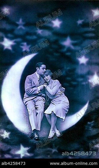 Early Montage, Lovers sitting on the crescent moon, 1920s, Germany, Europe.