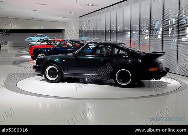 At front, Porsche 911 Turbo 3.0 Coupe, New Porsche Museum, Stuttgart, Baden-Wuerttemberg, Germany, Europe.