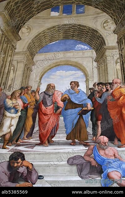 Raphael, painting, The School of Athens, Stanza della Segnatura, Vatican chambers, Vatican Museums, Old Town, Vatican City, Italy, Europe.