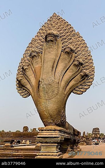Seven-headed Naga at the western access route, Angkor Wat temple, Siem Reap Province, Cambodia, Asia.