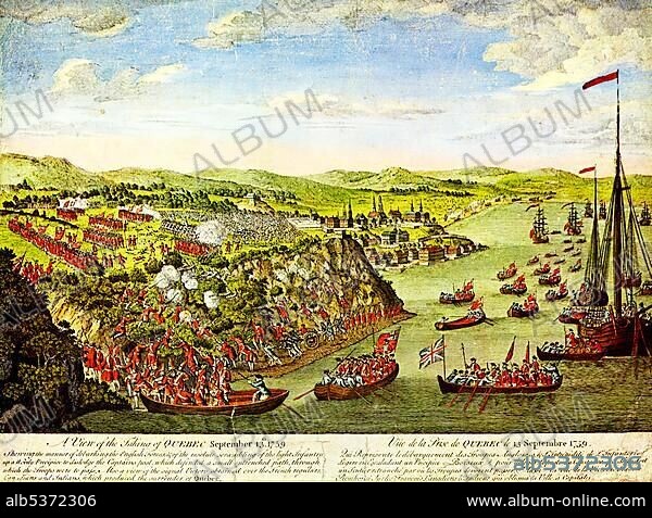 The Battle of the Plains of Abraham or the Battle of Quebec, Plaine d'Abraham, Heights of Abraham, outside the town of Quebec, 13 September 1759, battle between the British and the French, the engraving of 1797 is based on a drawing by Hervey Smyth, field adjutant of General Wolfe, title: A view of the taking of Quebec, 13 September 1759.