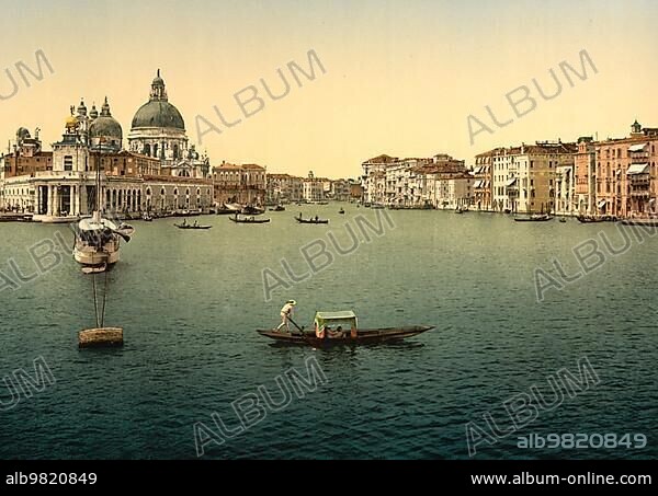 The Grand Canal; Church of Santa Maria della Salute; 1890; Venice; Italy; Historic; digitally restored reproduction from an 18th or 19th century original; Europe.