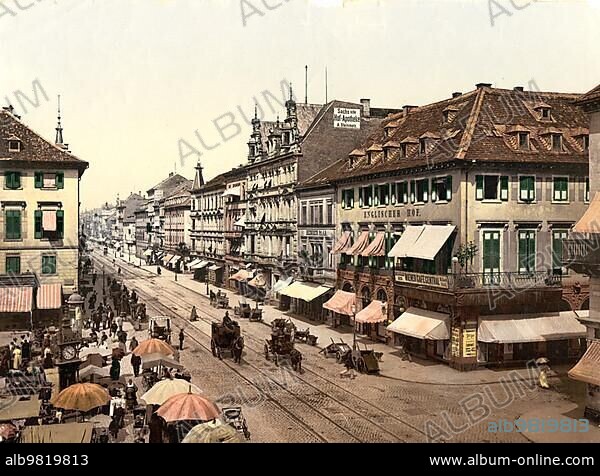 The Kaiserstrasse in Karlsruhe; Badem-Württemberg; Germany; Historic; digitally restored reproduction of a photochrome print from the 1890s; Europe.