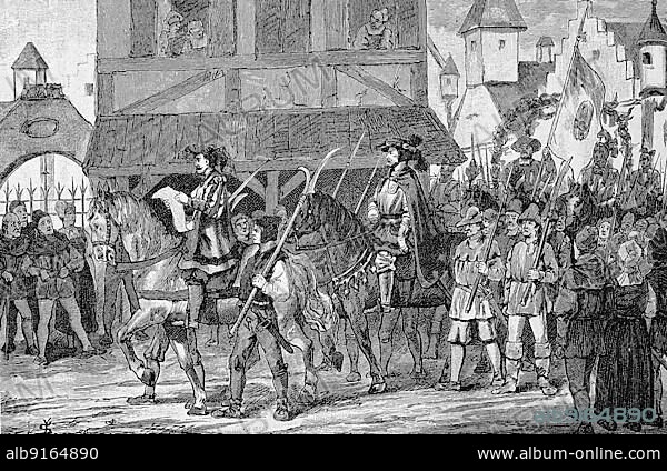 German Peasants' War, 1524-1526, Hans Müller with his satellites. Hans Müller, called von Bulgenbach (born in the 15th century) (died 12 August 1525) was a peasant leader, Germany, Historical, digitally restored reproduction of a 19th century original, exact original date unknown, Europe.