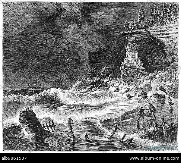 A Storm Scene on Lake Superior. Shipwreck on the beach. Illustration from a magazine printed in 1870.