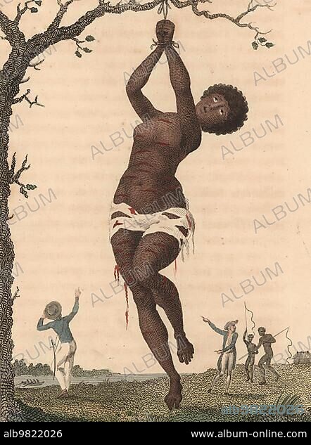 Flagellation of a Samboe slave (person of one-quarter white descent) . In the background are two Europeans and two black slave-men with whips; 1796; Historic; digitally restored reproduction from a 19th century original.