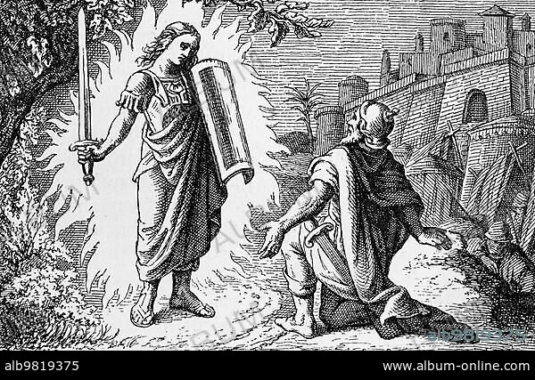 God's message to Joshua; Joshua; chapter 1; verses 1-9; Old Testament; Bible; Joshua; God; light; sword; Moses; Hittite; shield; city wall; kneel; historical illustration 1890.