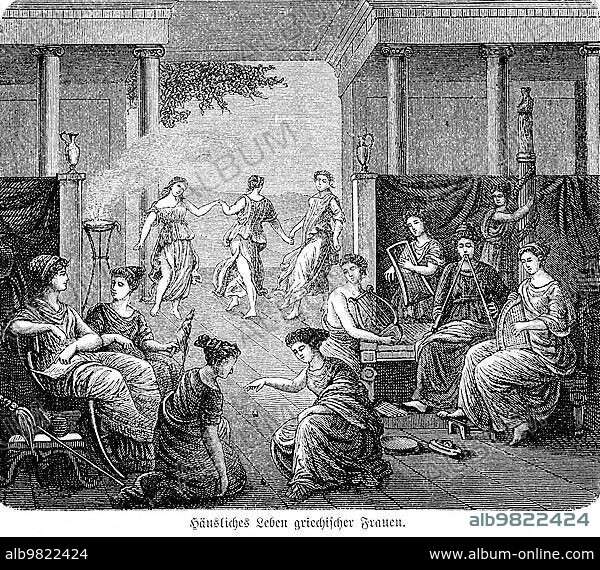 Domestic life of Greek woman; antiquity; Greece; distinguished; room; columns; incense; pleasure; talk; dance; play; sit; wealth; music; stringed instruments; lyre; flutes; history; historical illustration 1894; Europe.