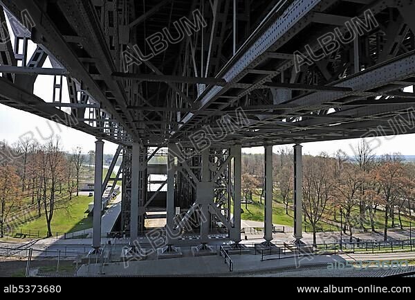 Bottom view on steel construction of the Niederfinow boat lift in Brandenburg, Germany, Europe.