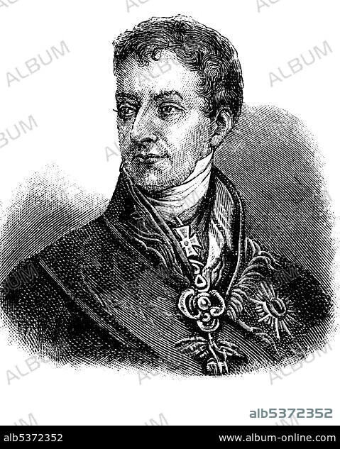 Klemens Wenzel also known as Clemens Wenceslaus, Lothar Graf, Prince of Metternich-Winneburg zu Beilstein since 1813, Count of Koenigswart, Duke of Portella since 1818, a statesman of the Austrian Empire, 1773 - 1859, wood engraving, about 1880.