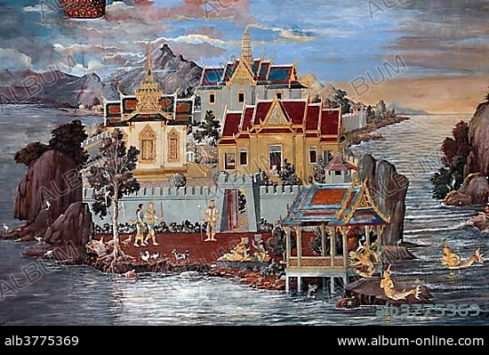 Ramakien mural in Phra Rabieng, gallery, Wat Phra Kaeo, Krung Thep, Bangkok, Thailand, Asia.