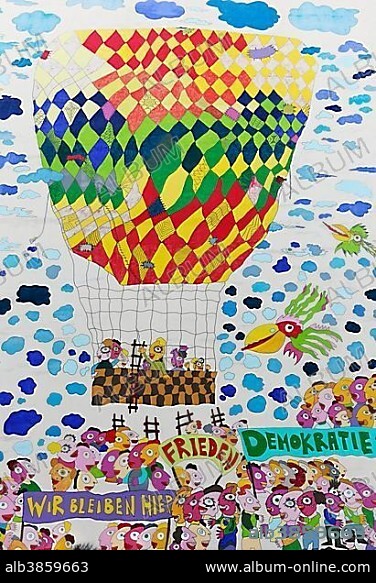 GDR citizens flee in a hot air balloon, mural on German Unity by Fischer-Art, Brühlarkade, Leipzig, Saxony, Germany, Europe.