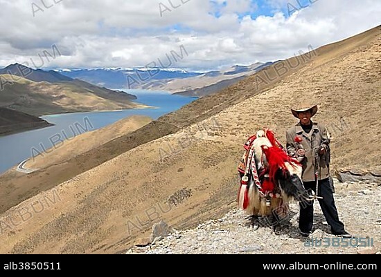 Tibetan man with decorated yak at Kamba-La Pass with view of lake Yamdrok-Tso Tibet China.