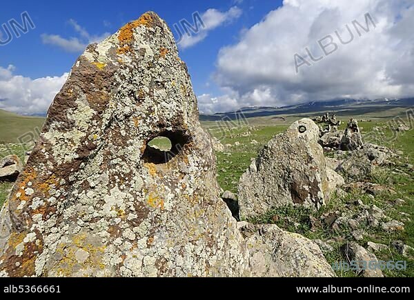 Zorats Karer, 6000 B.C. stoneage observatory, menhir of Karahunj, Cara Hunge, Armenia, Asia.