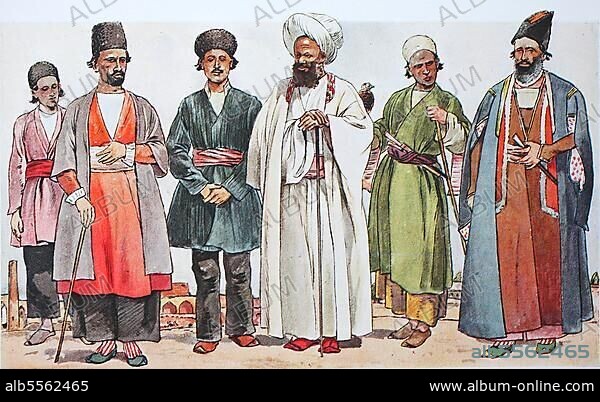 Mode, Kleidung in Persien, Iran, von links, ein Maultiertreiber mit Lammfellmütze, dann ein Kaufmann mit Lammfellmütze, ein Volk mit Lammfellmütze, dann ein Mollah oder Ach und die Hauptmoschee Mesjid-i-Shah in Ispahan, dann ein Falkner und ein reicher Mann, digitale Reproduktion einer Originalvorlage aus dem 19. Jahrhundert, Originaldatum nicht bekannt, Asia.
