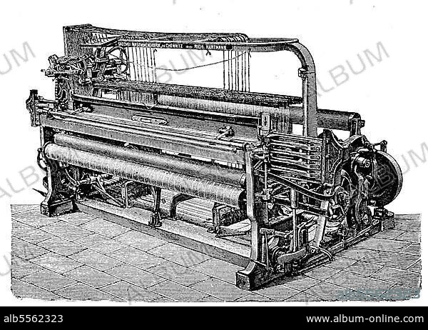Textilindustrie, Doppelwechselstuhl mit Schaftmaschine der sächsischen Maschinenfabrik Chemnitz, Deutschland, digital restaurierte Reproduktion einer Originalvorlage aus dem 19. Jahrhundert.