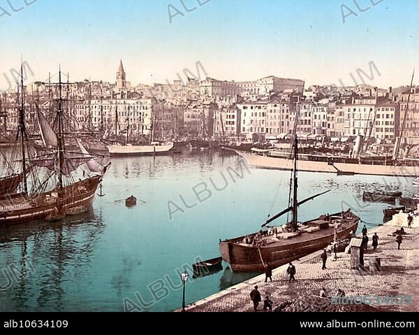 The old harbour, Vieux Port, with Hotel Dieu Hospital in the background, Marseille, France, c. 1890, Historic, digitally restored reproduction from a 19th century original, The old harbour, with Hotel Dieu Hospital in background, France, 1890, Historic, digitally restored reproduction from a 19th century original, Europe.