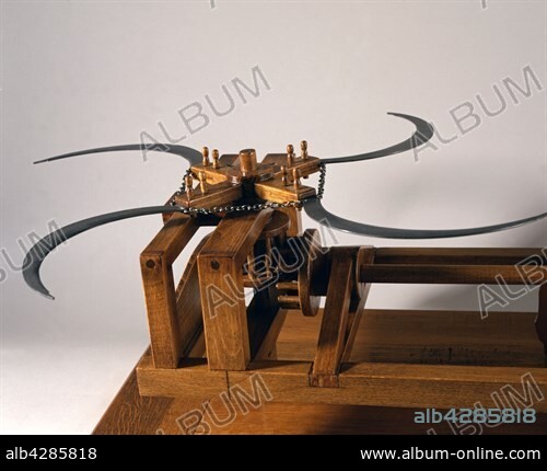 Scythed chariot. Model made after a drawing by Leonardo Da Vinci from the Codex preserved in the Turin Royal Library. Private collection.