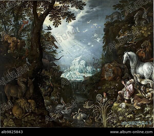 The animals gather in front of the ark; Noah's ark was; according to the biblical book of Genesis; a buoyant box built by the patriarch Noah; Painting by Roelant Savery; Historic; digitally restored reproduction from an original of the time.