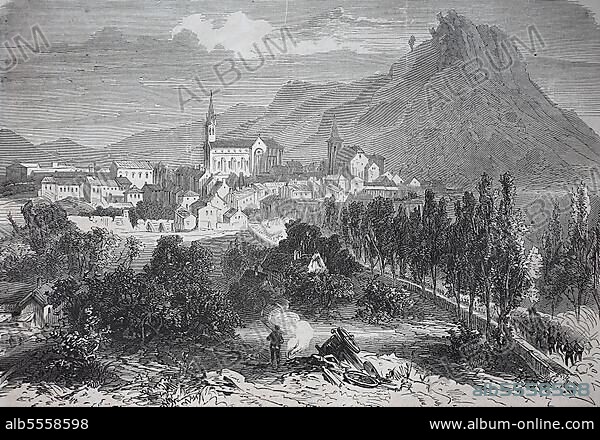 Blick auf die Stadt Forbach, Frankreich, 1870, Historisch, digital restaurierte Reproduktion einer Originalvorlage aus dem 19. Jahrhundert, genaues Originaldatum nicht bekannt.