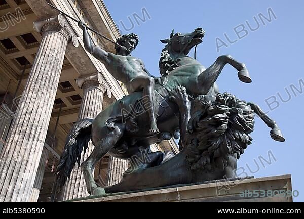 Lion Fighter statue by Albert Wolff outside Altes Museum, Berlin, Germany, Europe.
