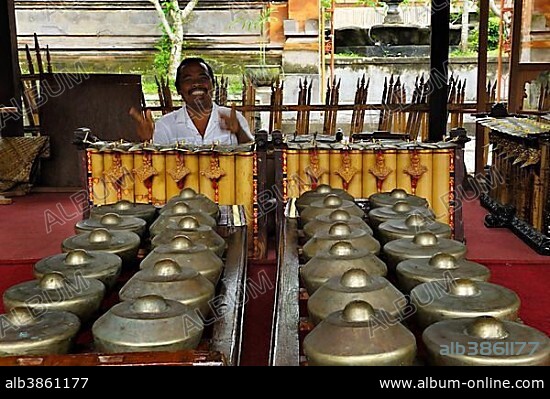 Gamelan instruments in Pura, temple, Samuan Tiga near Bedulu-Ubud, Bali, Indonesia, Southeast Asia, Asia.