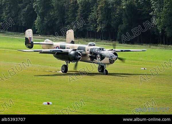 North American Aviation B-25 Mitchell, an American twin-engine medium bomber, Europe's largest meeting of vintage planes at Hahnweide, Kirchheim-Teck, Baden-Wuerttemberg, Germany, Europe.