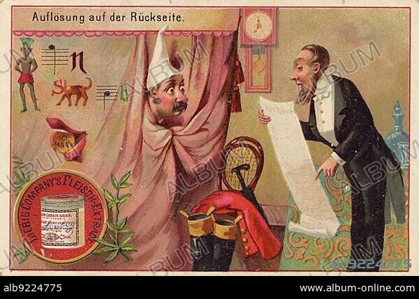 Picture series Riddles, Man with a long list stands in front of a curtain behind which someone is changing clothes, digitally restored reproduction of a collectors picture from c. 1900.