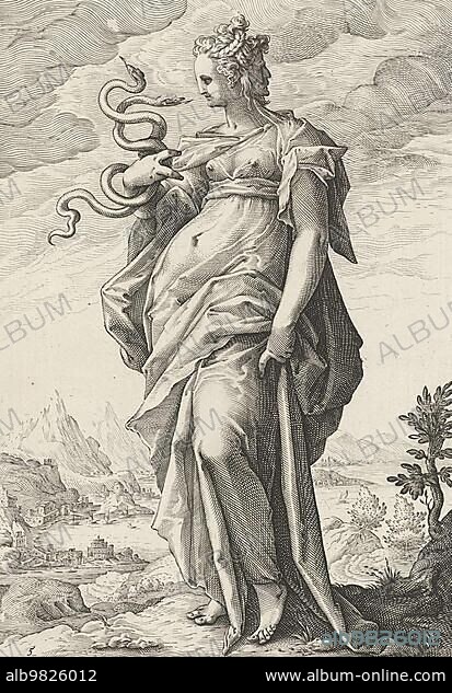 Caution; Prudentia; Goddess for Prudence and Wisdom; 1595; Historic; digitally restored reproduction from a prehistoric original.