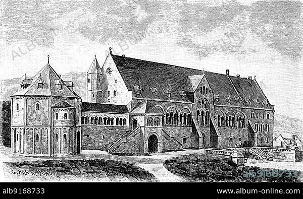 The imperial house of the imperial palace of Goslar, the oldest preserved imperial palace, from the 11th century, Germany, digitally restored reproduction of a 19th century original, exact original date not known, Europe.