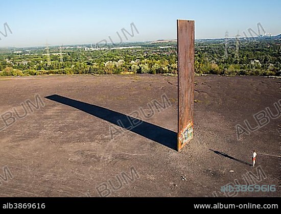 "Bramme fuer das Ruhrgebiet" or "Slab for the Ruhr area", piece of art by Richard Serra on the Schurenbachhalde heap, Essen, North Rhine-Westphalia, Germany, Europe.