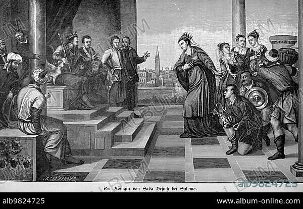 The Queen of Sheba Visit to Solomon; First Book of Kings; Chapter 5; Verses 1-5; Old Testament; Bible; Jerusalem; Gold; Gems; Groups; Interior; Legation; Throne; Steps; Bowing; Gifts; Arabia; Historical illustration 1890.