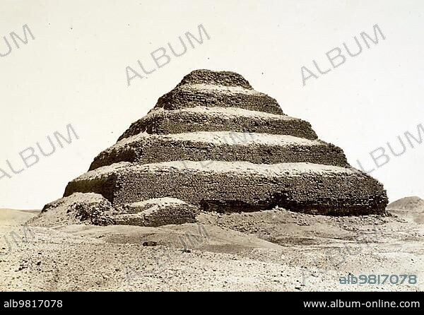 The Step Pyramid of the Ancient Egyptian King Djoser; Djoser Pyramid; also Netjerichet Pyramid; from the 3rd Dynasty of the Old Kingdom c. 2700 BC; 1870; Egypt; Historical; digitally restored reproduction from a 19th century original; Africa.