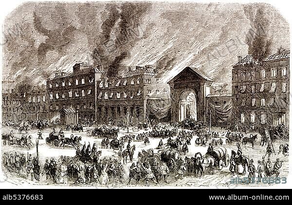 Historic drawing, 19th century, revolt during the times of Russian nihilism, blaze in St. Petersburg, Russia, 1862, Europe.