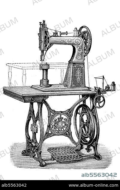 Nähmaschine 1890: Maschine für Schuhmacher und Sattler von Biesolt & Locke, Meißen, digital restaurierte Reproduktion einer Originalvorlage aus dem 19. Jahrhundert.