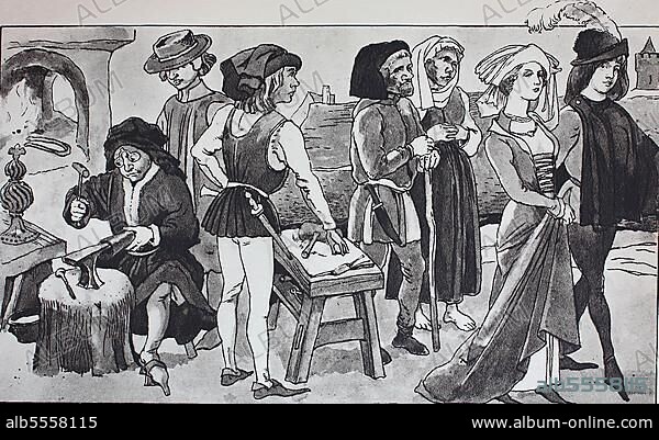 Mode, Kleidung in Deutschland im späten Mittelalter, 1475-1500, von links, ein Kupferschmied mit Turbanhaube, ein einfacher Mann, ein Bauer mit seiner Frau und ein junges vornehmes Paar, digital restaurierte Reproduktion einer Originalvorlage aus dem 19. Jahrhundert, genaues Originaldatum nicht bekannt.