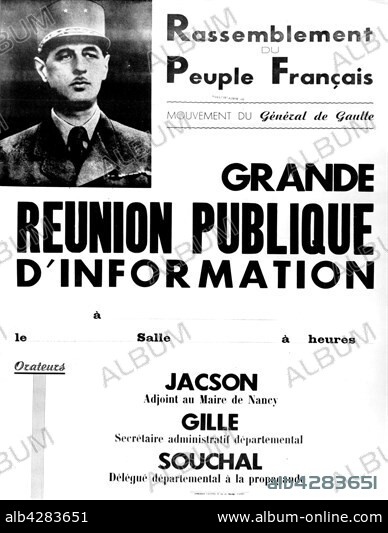 R.P.F. poster (De Gaulle's movement). Big public meeting for information. 1947 . France.