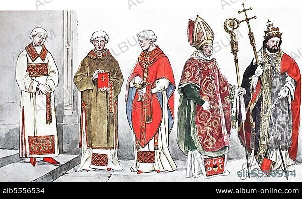 Kleidung, Mode, Kostüme der Priester, Bischöfe und Päpste aus dem 14. bis 18. Jahrhundert, von links, römischer Diakon um 1460, ein flämischer Diakon um 1460, ein Priester in Messornat um 1470, Bischof in Doppelkasula über Dalmatika und Alba und Mitra und ein Papst in der Amtstracht, also als Bischof der Laterankirche in Rom, digital verbesserte Reproduktion einer Illustration aus dem 19. Jahrhundert.