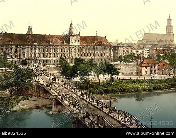 University and Bridge in Breslau; Silesia; today Wroclaw in Poland; Historic; digitally enhanced reproduction of a photochrome print from 1898.