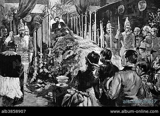 King Ludwig II of Bavaria, Ludwig II Otto Friedrich Wilhelm von Bayern, 1845 - 1886, decendant from the German royal house of Wittelsbach, laying out of the corpse in the Old Court Chapel in Munich, Bavaria, Germany, historic wood engraving, 1886, Europe.