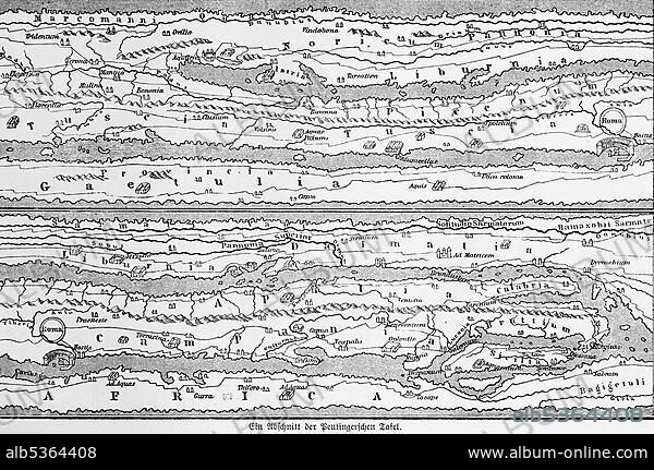 A section from the cartographic representation of the Peutinger's Table (Tabula Peutingeriana), UNESCO World Document Heritage, historical world map, illustration from 1881.