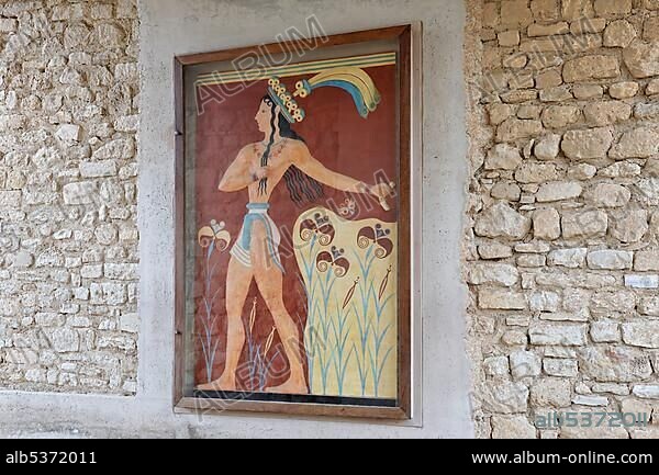 Relief depicting a Minoan prince with lilies in the Palace of Knossos, Crete, Greece, Europe.