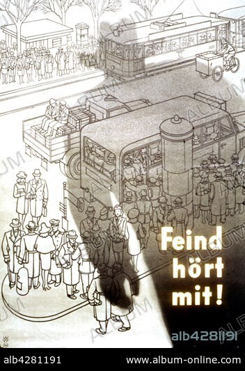 German poster warning the population against spies. 'Shush! The enemy is listening to you!'. 1939-1940. Germany - World War II.