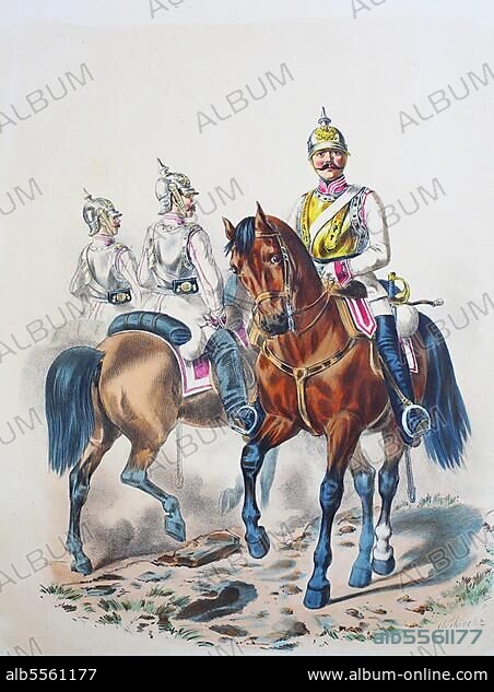 Prussian Army, Prussian Guard, Queen's Cuirassier Regiment, Pomeranian No. 2, Common Soldiers, Non-Commissioned Officer, Army Uniform, Military, Prussia, Germany, Digitally Restored Reproduction of a 19th century Original, Europe.